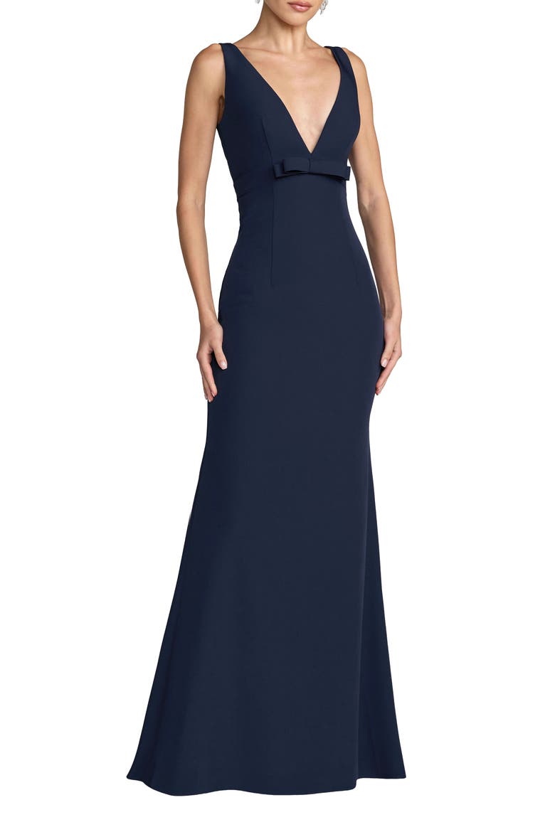 Crepe Sleeveless V Neck Sheath Gown With Bow, Main, color, Midnight
