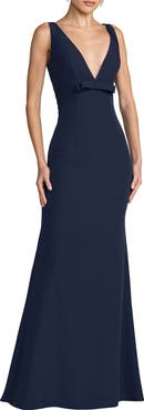 Mac Duggal Crepe Sleeveless V Neck Sheath Gown With Bow