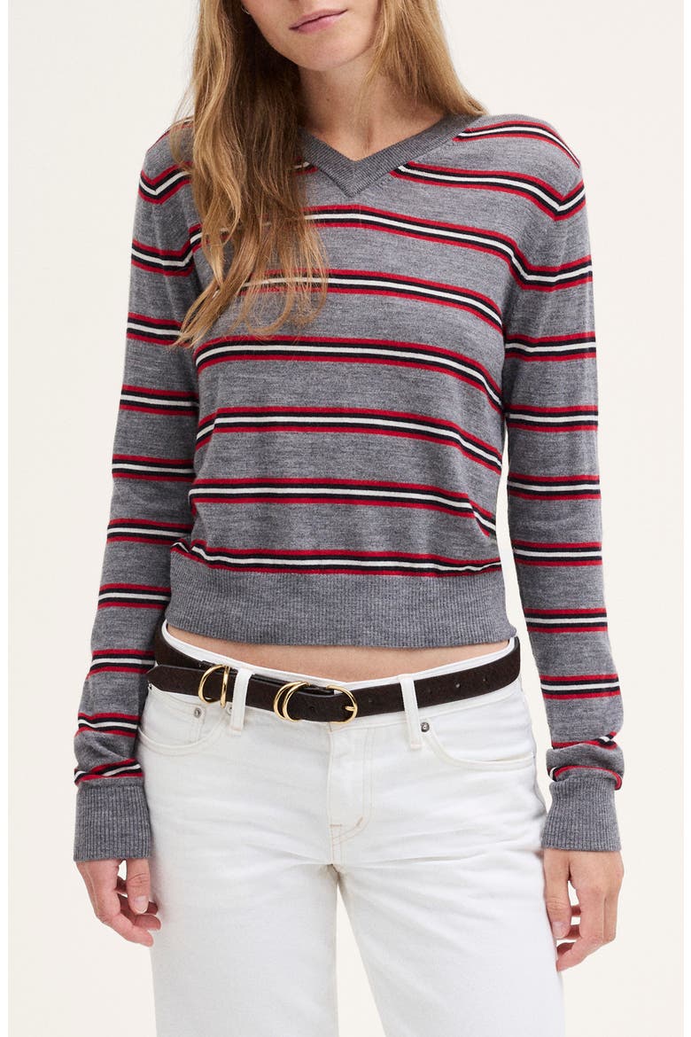 V-Neck Merino Wool Sweater, Main, color, HTHR GREY AND RED MULTI STRIPE