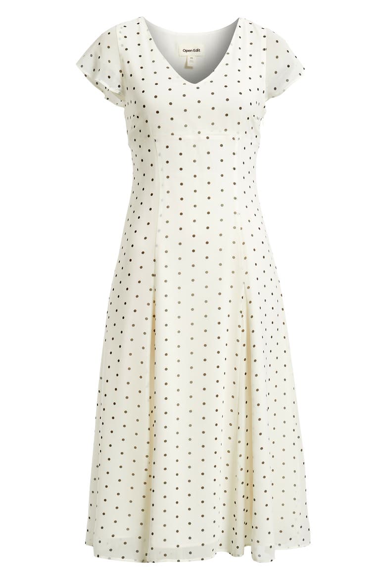 Short Sleeve Godet Pleat Dress, Alternate, color, IVORY- BLACK CORNER DOT