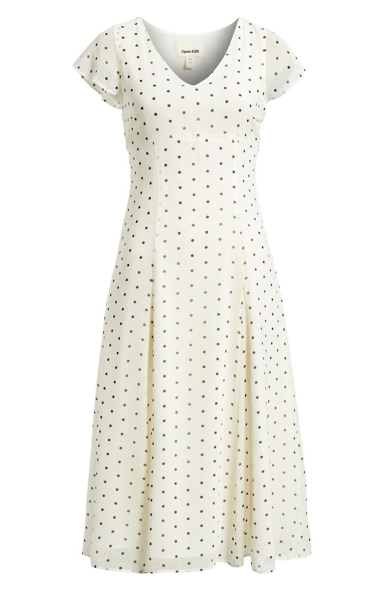 Open Edit Short Sleeve Godet Pleat Dress, Alternate, color, Ivory- Black Corner Dot