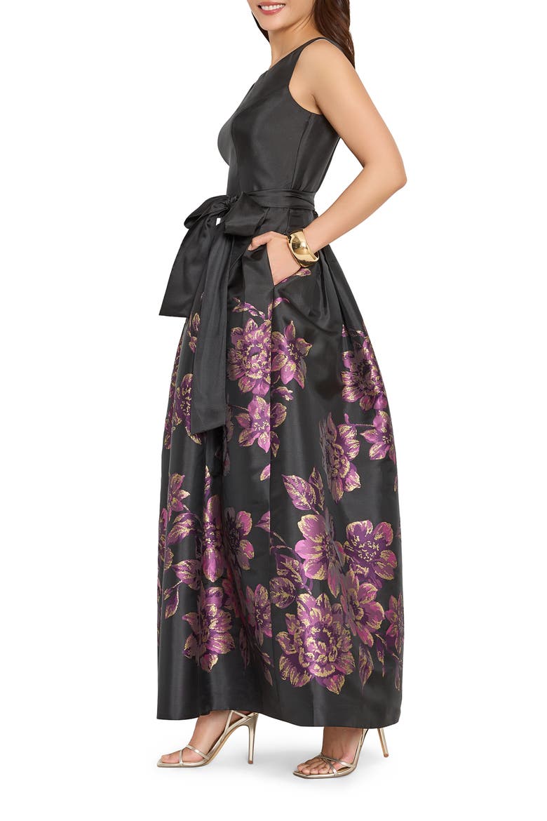 Placed Metallic Floral Sleeveless Gown, Alternate, color, BLACK CRANBERRY