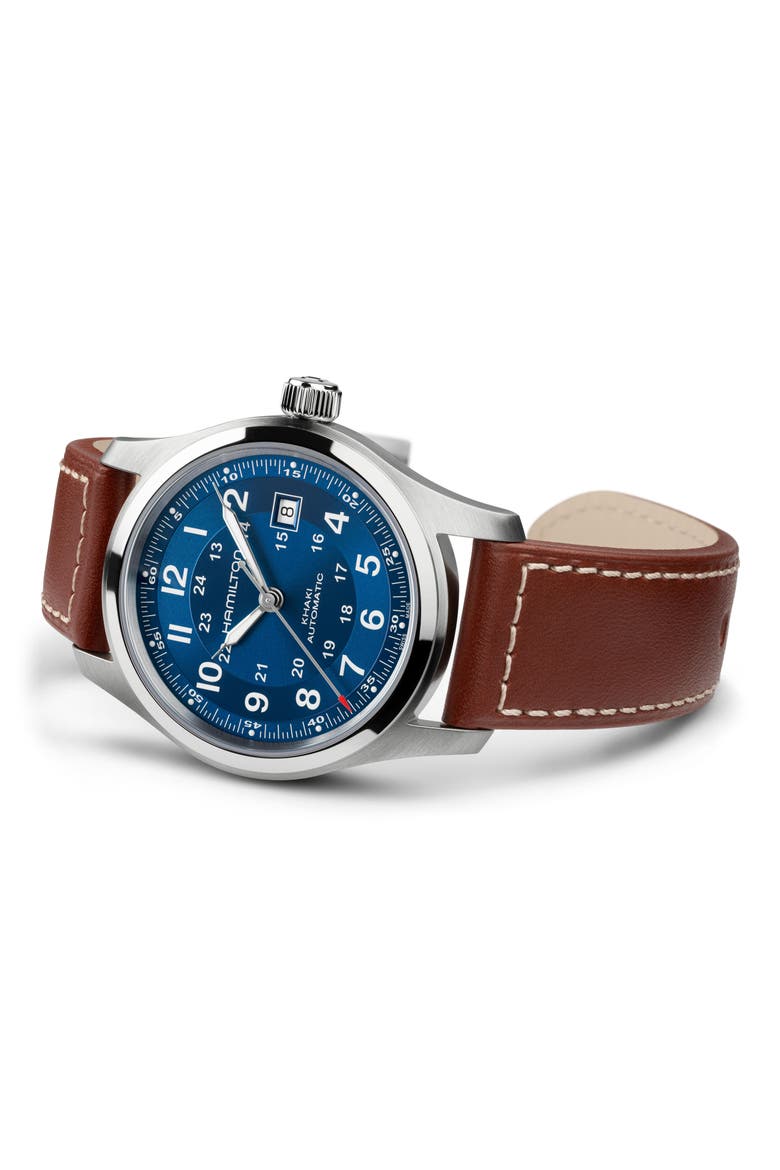 Khaki Field Automatic Leather Strap Watch, 42mm, Alternate, color, BLUE
