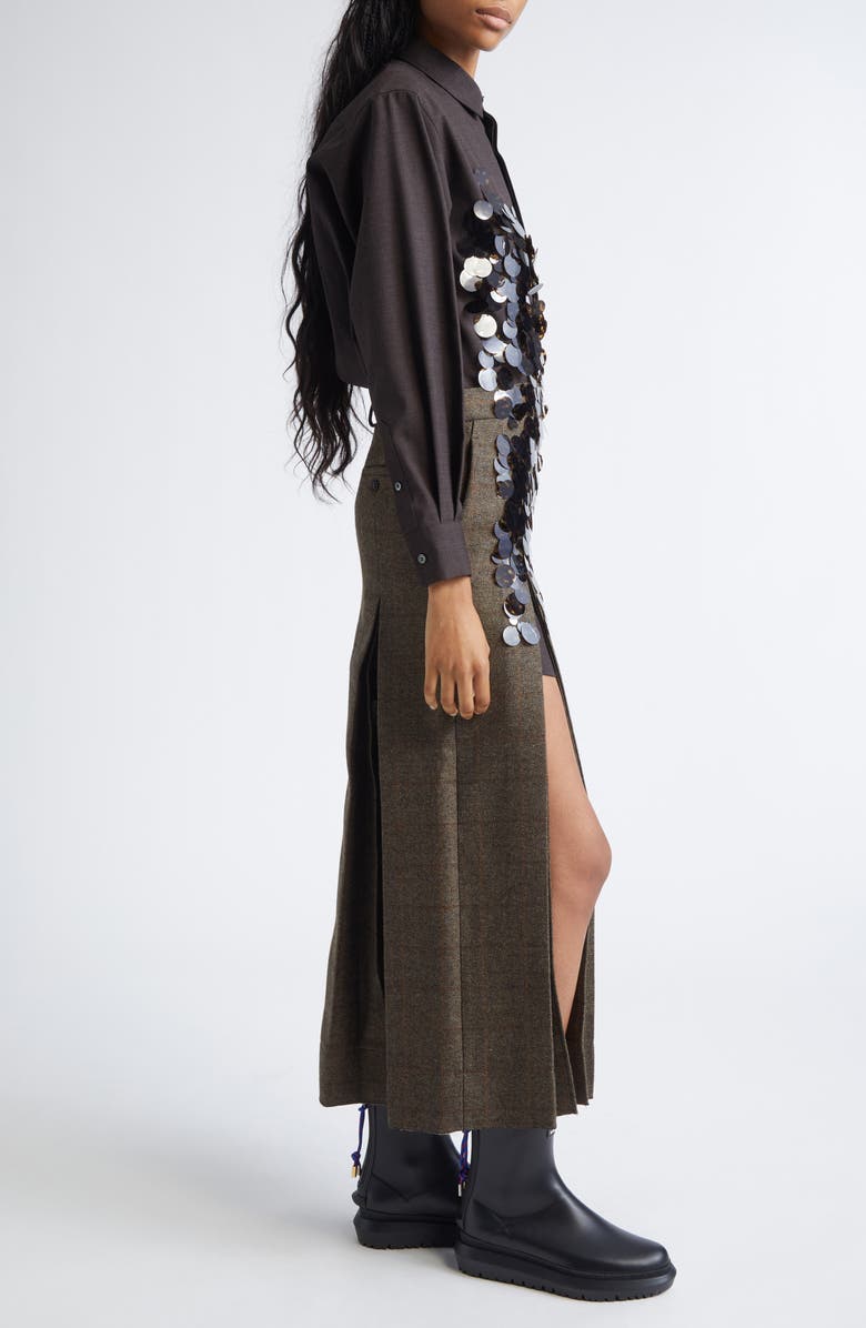 Sacai Sequin Embroidered Plaid Long Sleeve Double Face Melton Wool Shirtdress, Alternate, color, Brown/ Beige