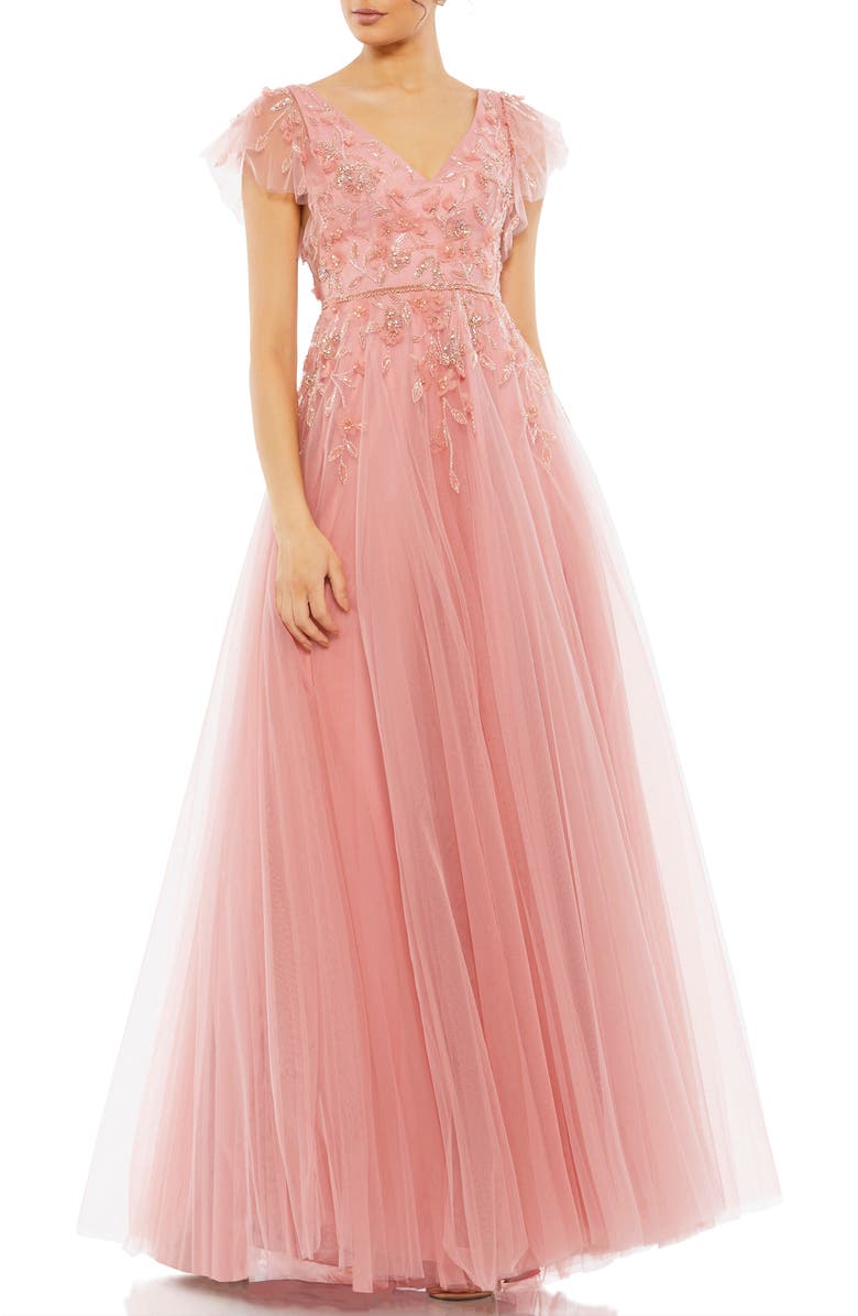 Mac Duggal Embellished Cap Sleeve V Neck Gown, Main, color, Salmon