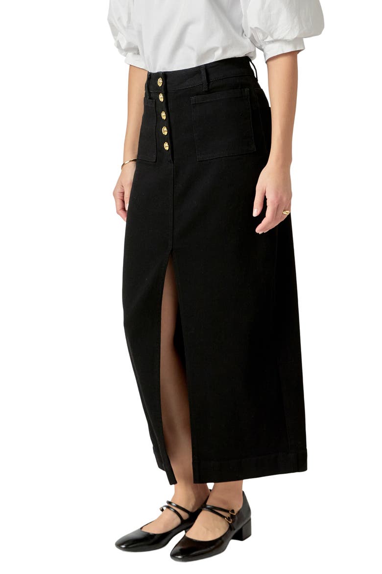 Exposed Button Fly Denim Midi Skirt, Alternate, color, BLACK DENIM