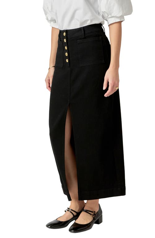 English Factory Exposed Button Fly Denim Midi Skirt In Black Denim