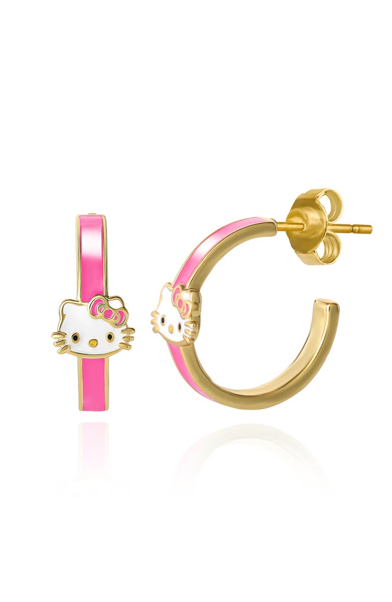 Hello Kitty Enamel Pink Post Hoop Earrings, Main, color, Yellow Gold