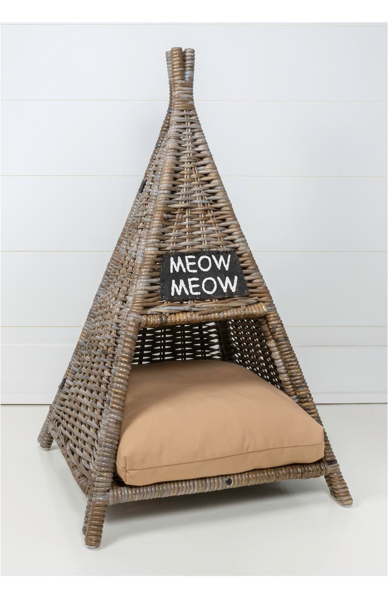 The Licker Store Tiki Tent 20" x 20" Coastal Handwoven Rattan Pet Bed with Machine-Washable Cushion, Alternate, color, Kubu Gray