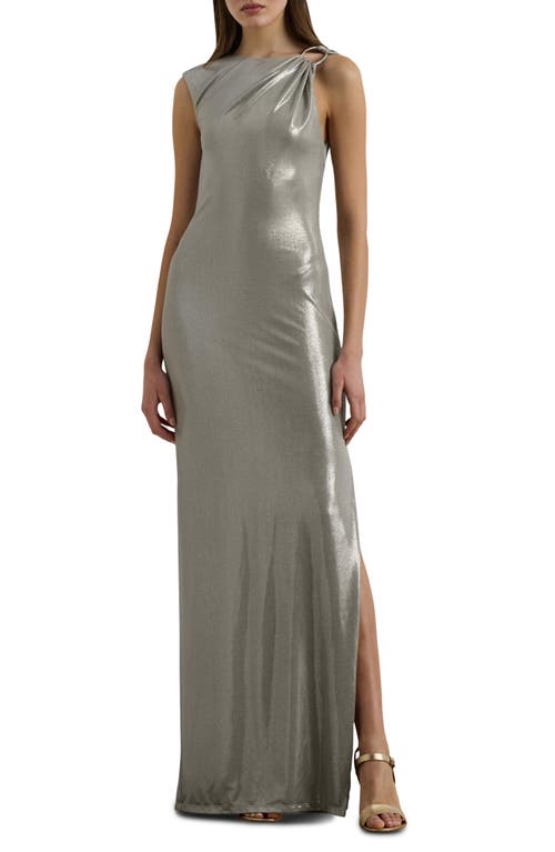 Ralph Lauren Lauren  Buckle Detail Metallic Sheath Gown In Silver