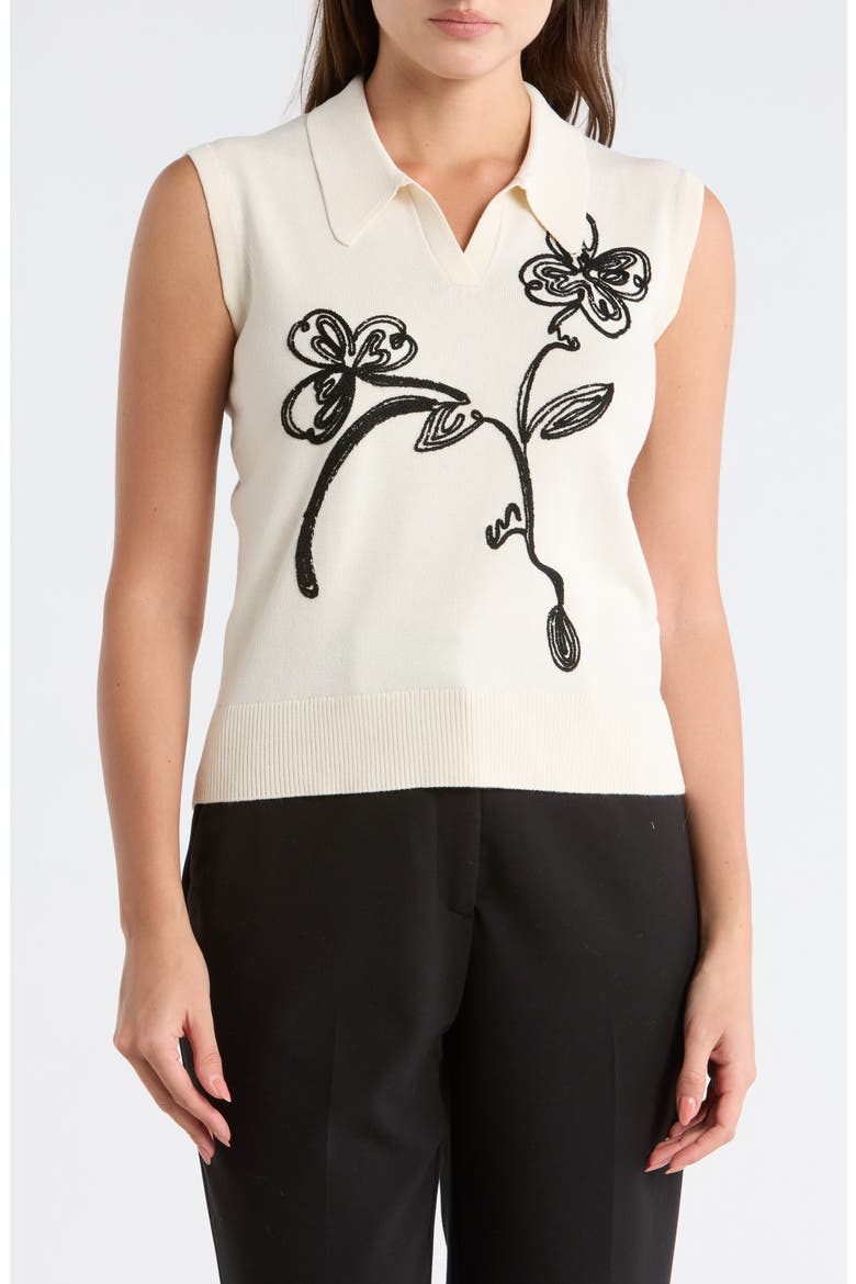 Floral Embroidered Sleeveless Crop Polo Sweater, Main, color, CREAM/ BLACK