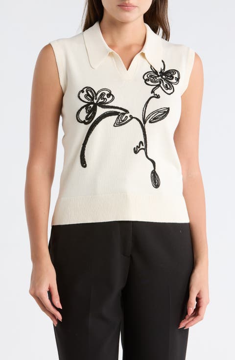 Floral Embroidered Sleeveless Crop Polo Sweater