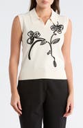 Adrianna Papell Floral Embroidered Sleeveless Crop Polo Sweater
