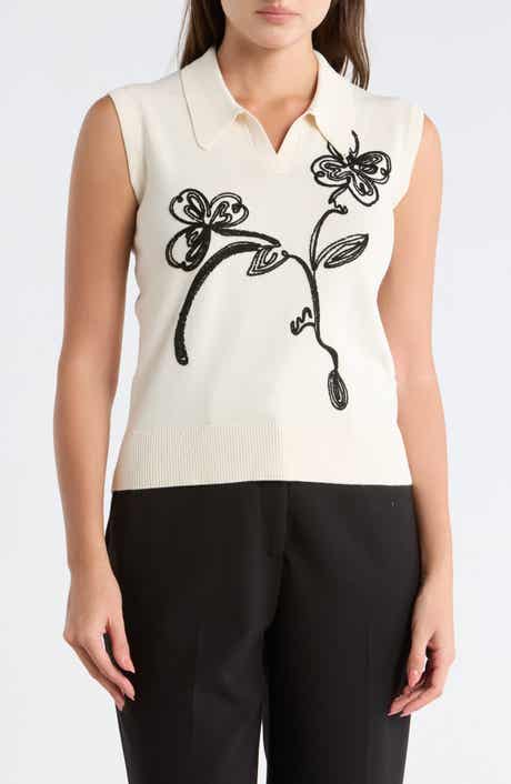 Adrianna Papell Floral Embroidered Sleeveless Crop Polo Sweater