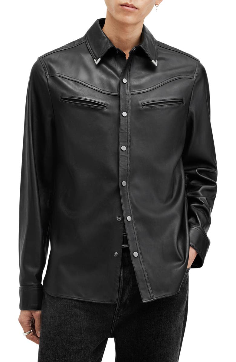 AllSaints Draven Metal Tip Collar Leather Western Shirt | Nordstromrack