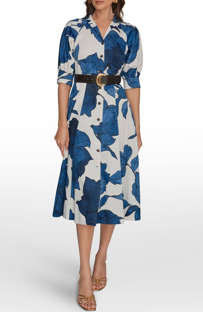 Donna Karan New York Belted Stretch Cotton Shirtdress, Main, color, Cream/ Nightfall Multi
