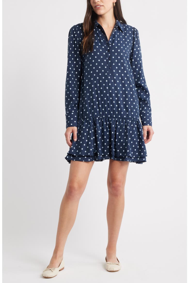 Flounce Hem Long Sleeve Mini Shirtdress, Main, color, NAVY- IVORY MOCK DOT