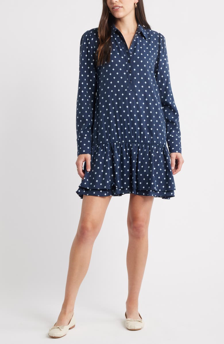 Caslon<sup>®</sup> Flounce Hem Long Sleeve Mini Shirtdress, Main, color, Navy- Ivory Mock Dot