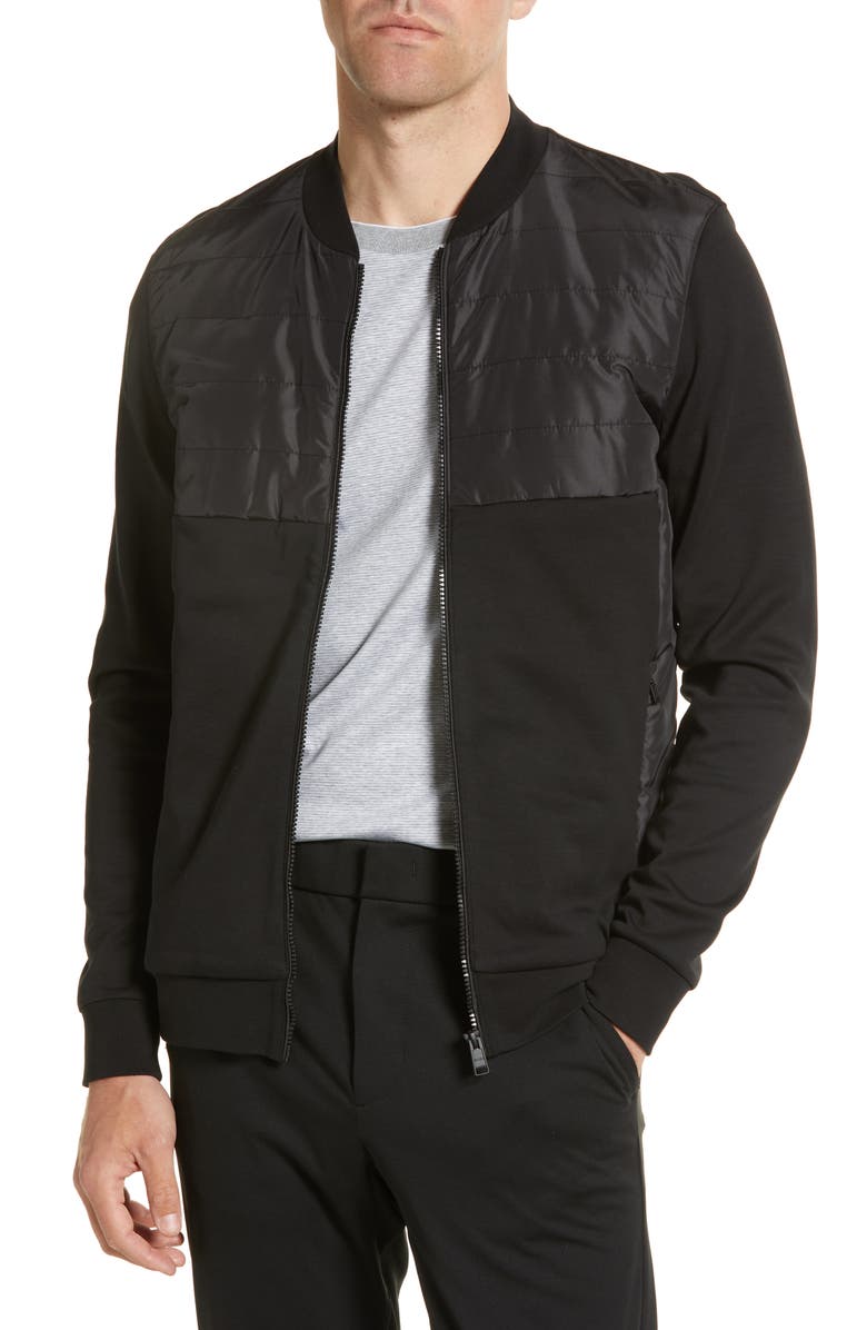 BOSS Mixed Media Ponte Bomber Jacket, Main, color,