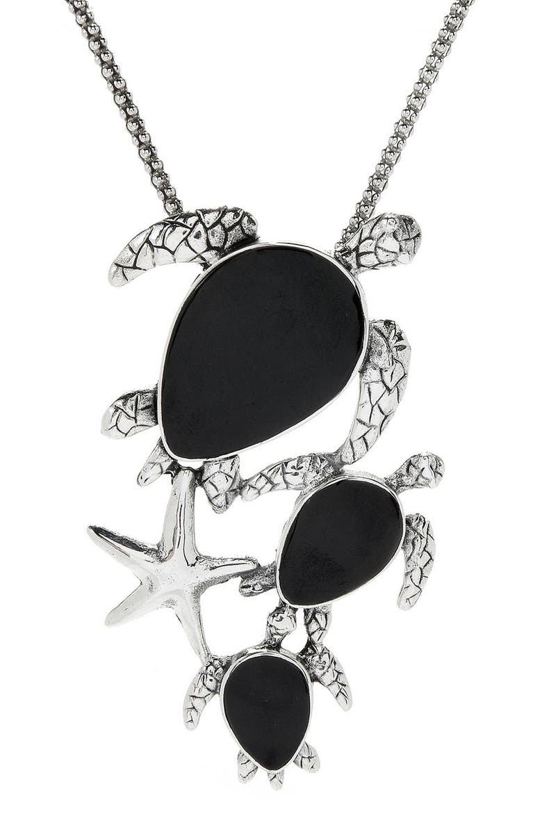 Sterling Silver Shell Turtle and Starfish Pendant Necklace, Main, color, BLACK