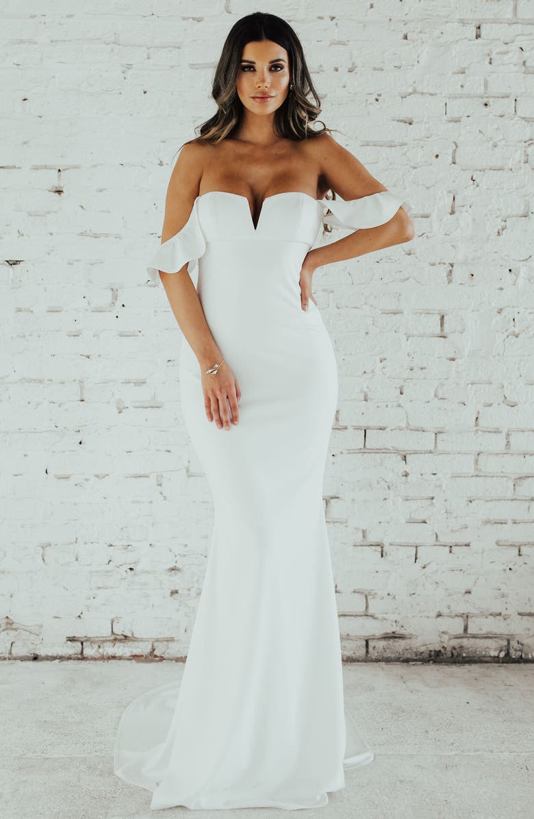 Noel and Jean by Katie May Nautilus Ruffled Off the Shoulder Crepe Mermaid Gown, Alternate, color,