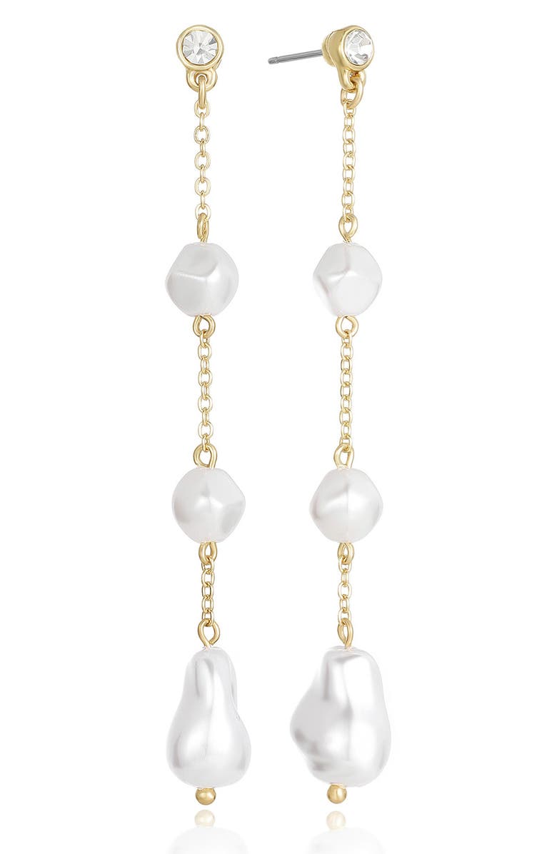 Ettika Crystal & Faux Pearl Linear Drop Earrings, Main, color, Gold