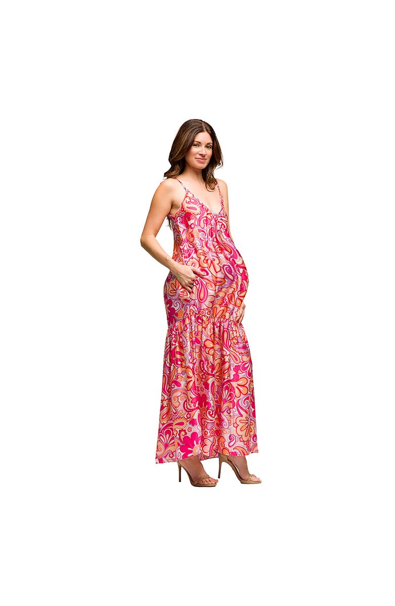 24seven Comfort Apparel Maternity Pink Print Lightweight Spaghetti Strap Pocket Maxi Dress, Alternate, color, Pink Multi