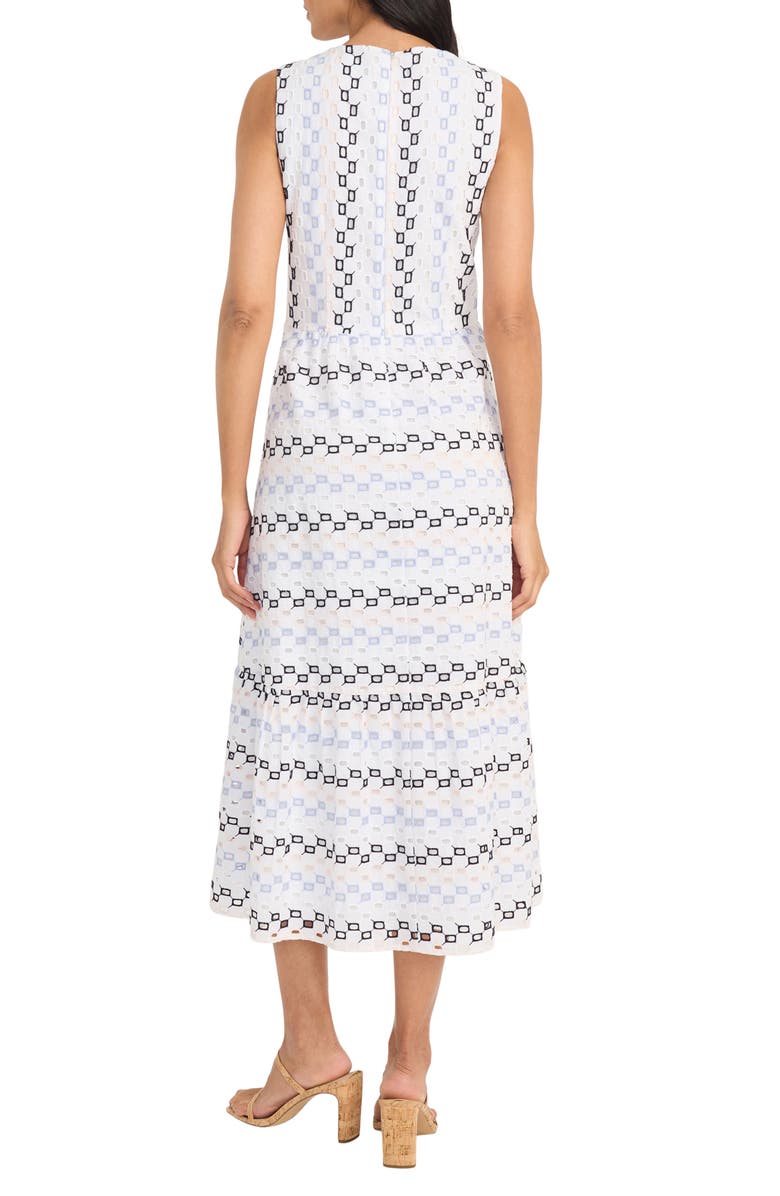 Maggy London Embroidered Eyelet Sleeveless Cotton A-Line Midi Dress, Alternate, color, White/ Blue/ Black