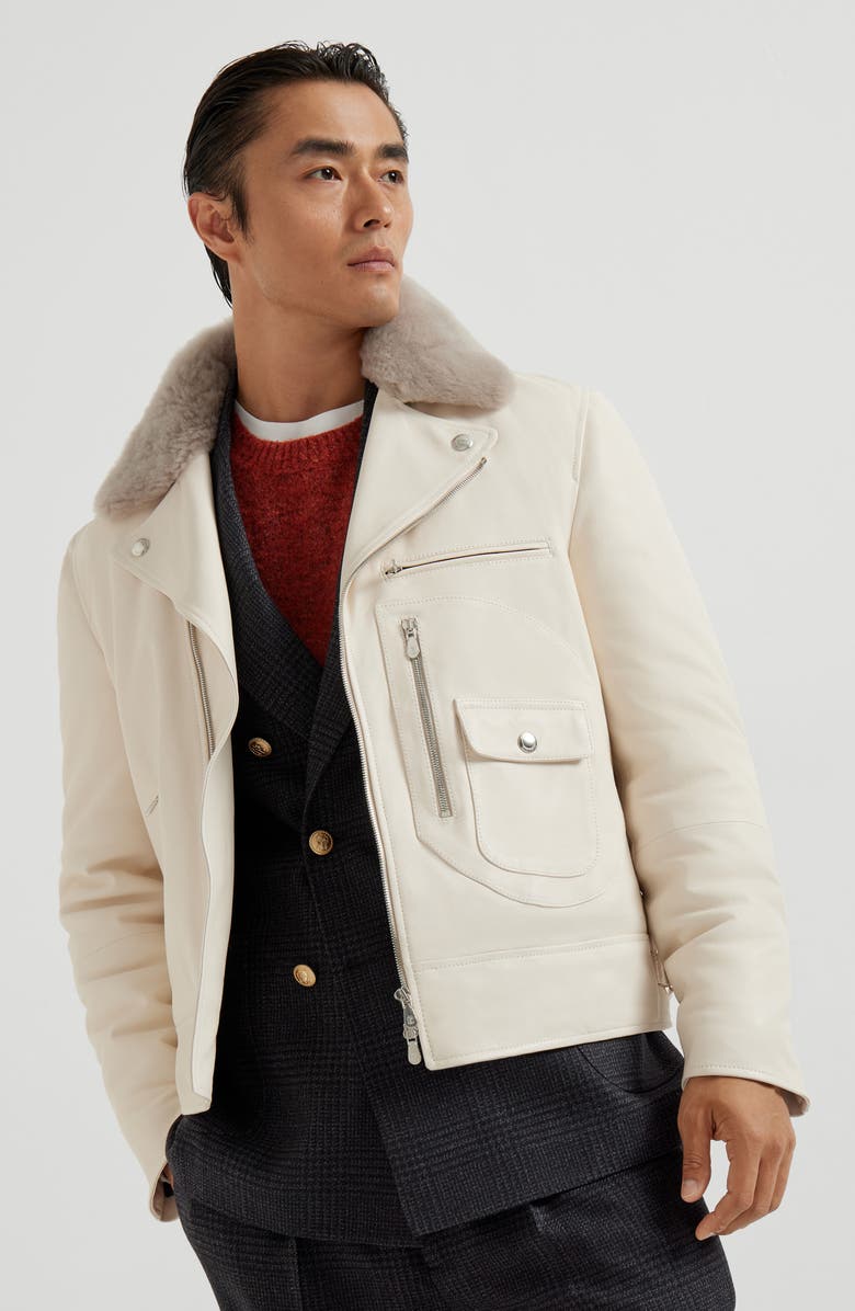 Brunello Cucinelli Nappa leather padded biker jacket, Alternate, color, Ivory