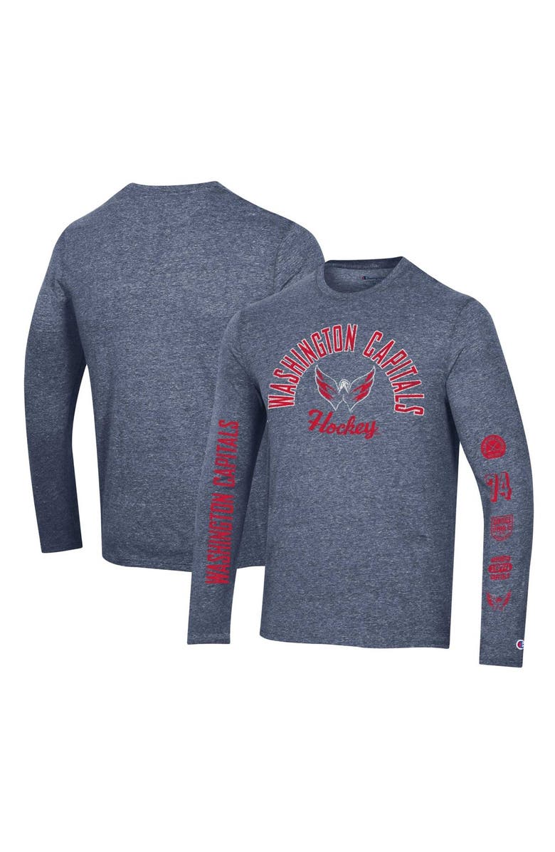 Champion Men's Champion Heather Navy Washington Capitals Multi-Logo Tri-Blend Long Sleeve T-Shirt, Main, color, Heather Navy
