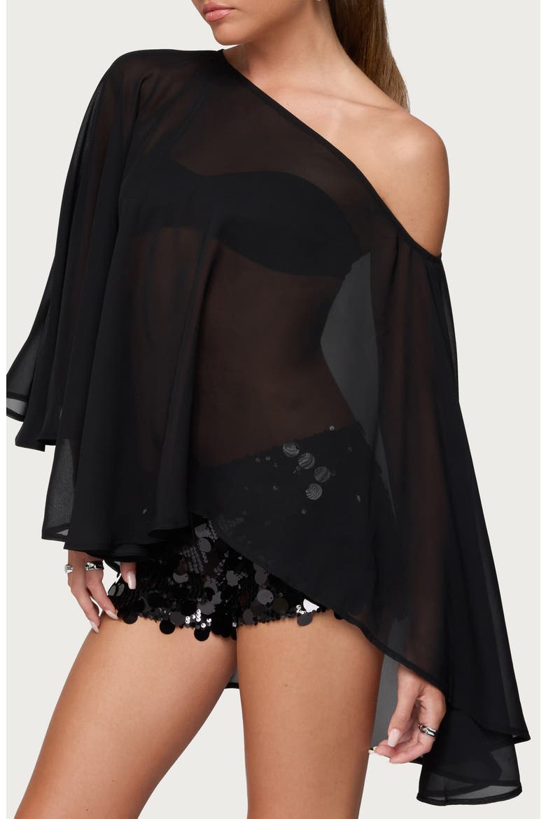 Sheer Chiffon One-Shoulder Poncho, Alternate, color, BLACK