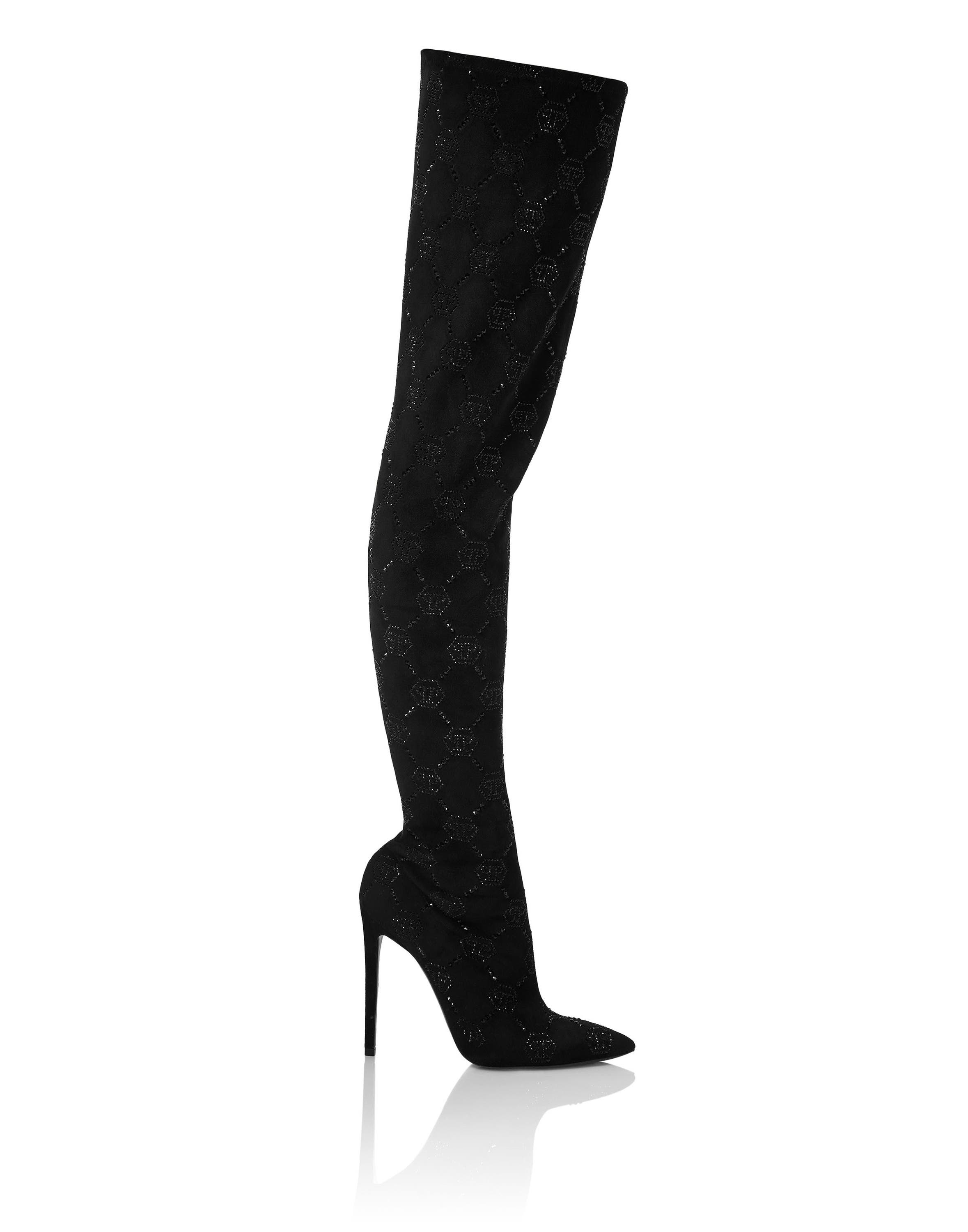 PHILIPP PLEIN Suede Stretch Boots Hi-Heels Plein Overknees Monogram Women, Alternate, color, Black