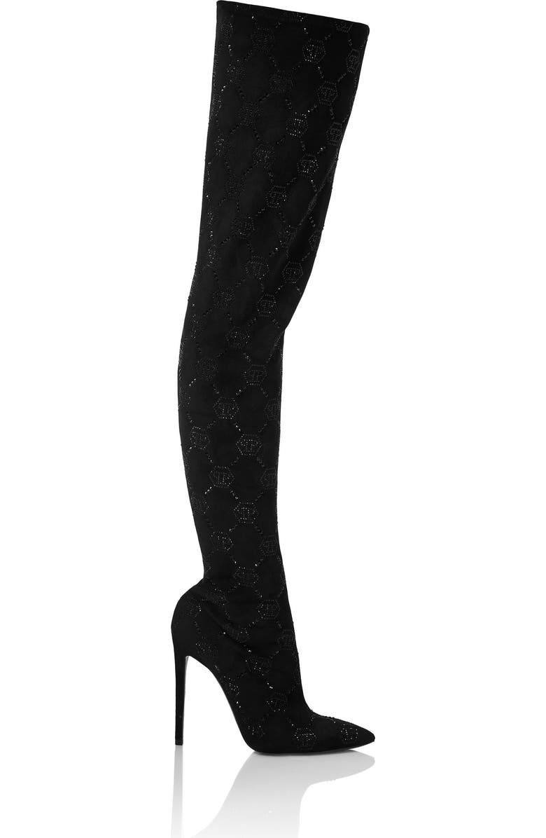 PHILIPP PLEIN Suede Stretch Boots Hi-Heels Plein Overknees Monogram Women, Alternate, color, Black