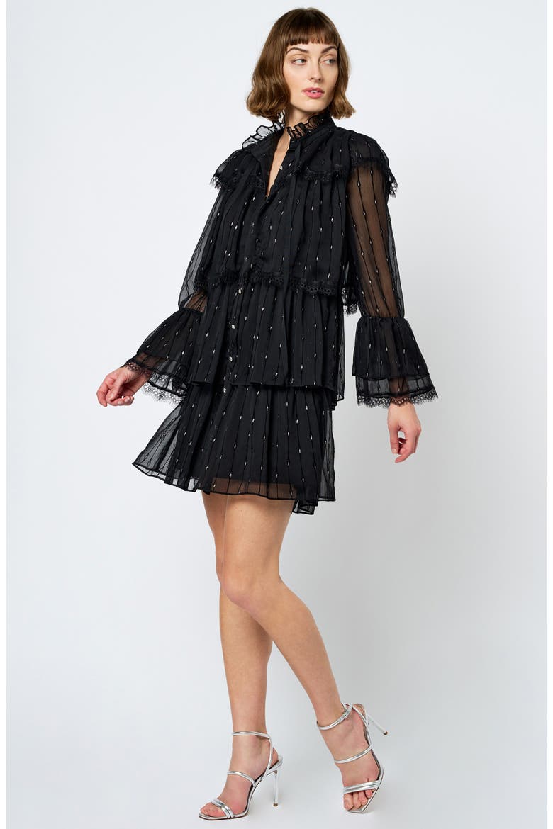 Bharti Metallic Fleck Eyeleash Lace Long Sleeve Minidress, Alternate, color, BLACK
