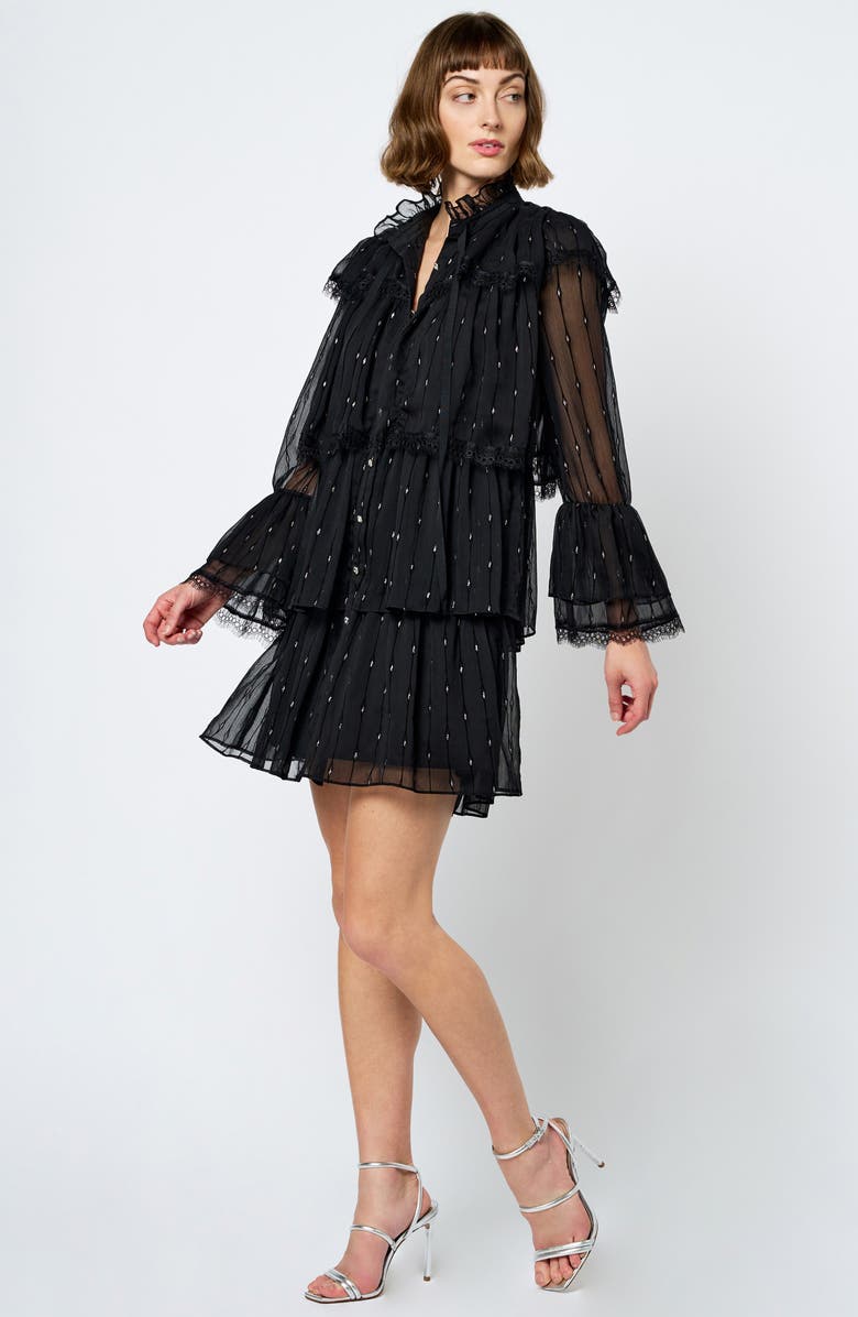 CIEBON Bharti Metallic Fleck Eyeleash Lace Long Sleeve Minidress, Alternate, color, Black