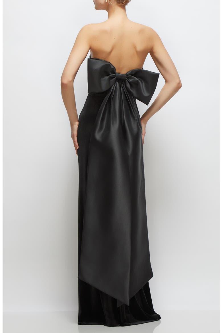 Back Bow Strapless Velvet Gown, Alternate, color, BLACK