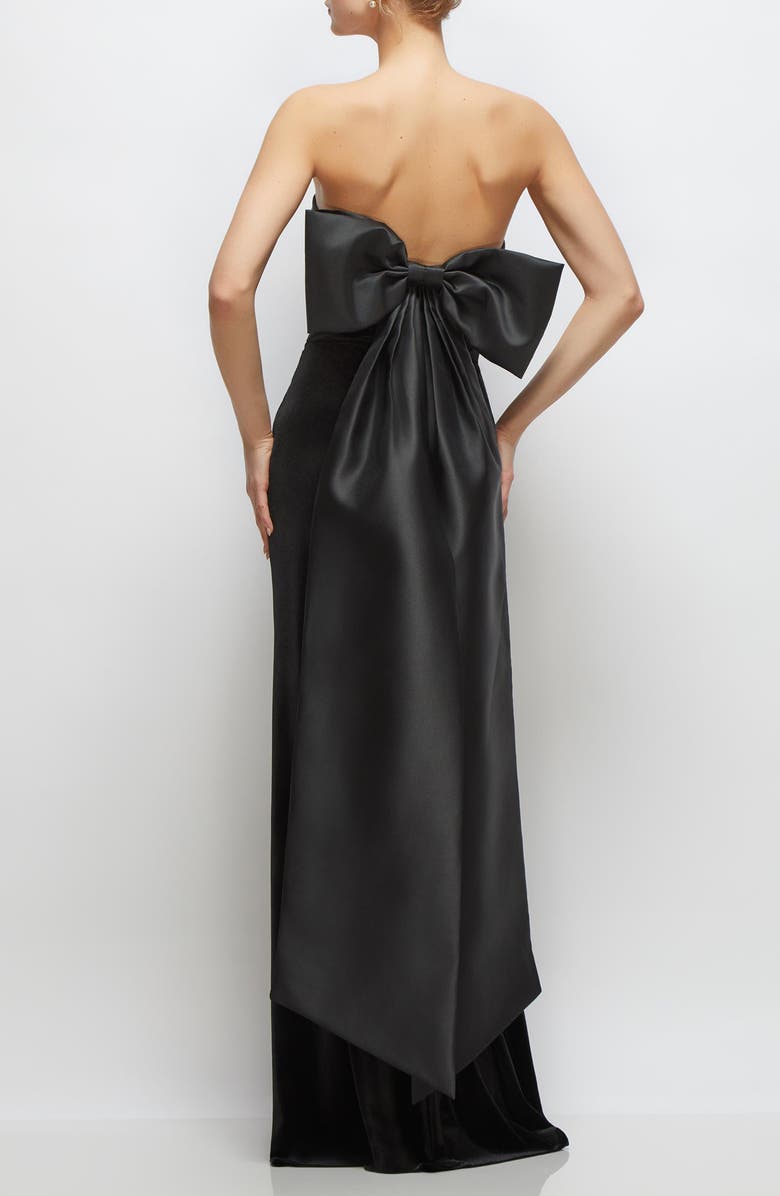 After Six Back Bow Strapless Velvet Gown, Alternate, color, Black