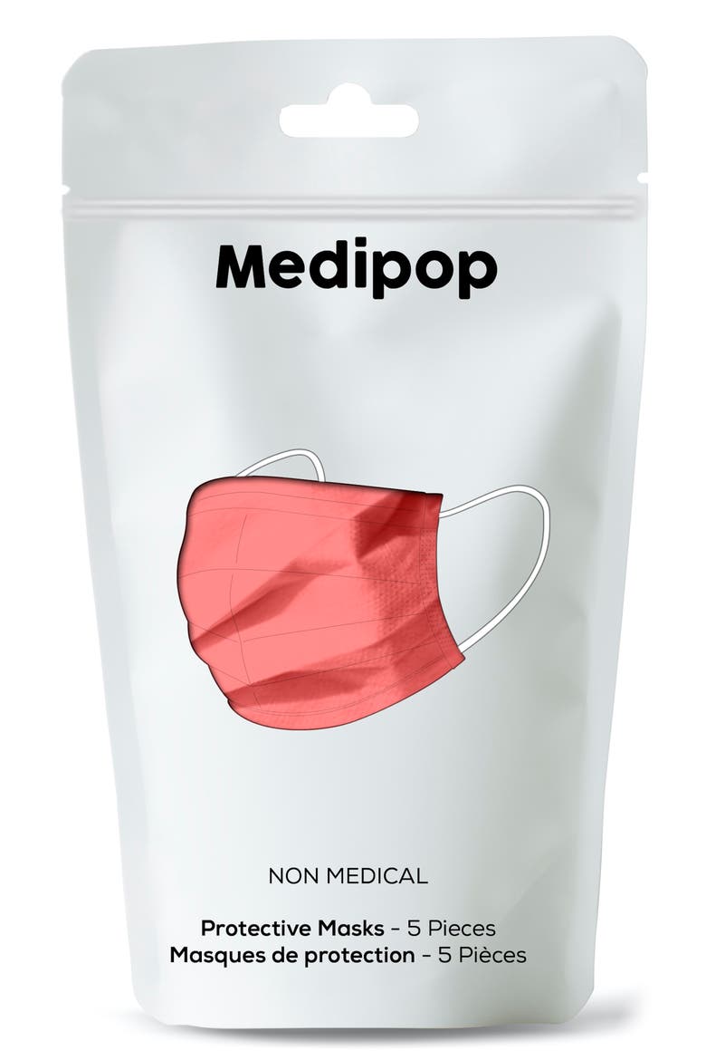 5-Pack Adult Disposable Pleated Face Masks, Alternate, color, NEON RED CORAL