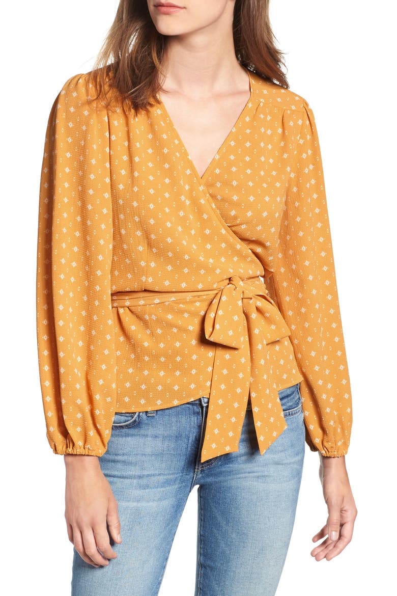 Floral Spot Wrap Top, Main, color, YELLOW DOBBY MOTIF