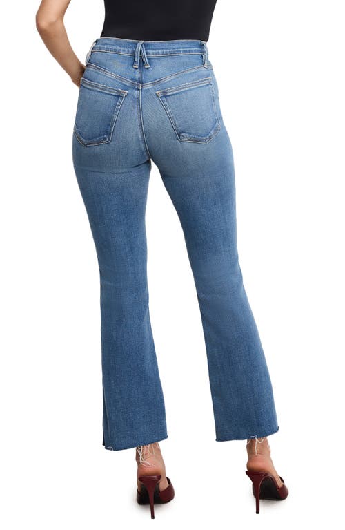 Good American Soft-tech Good Flare Raw Hem High Waist Ankle Flare Jeans In Blue