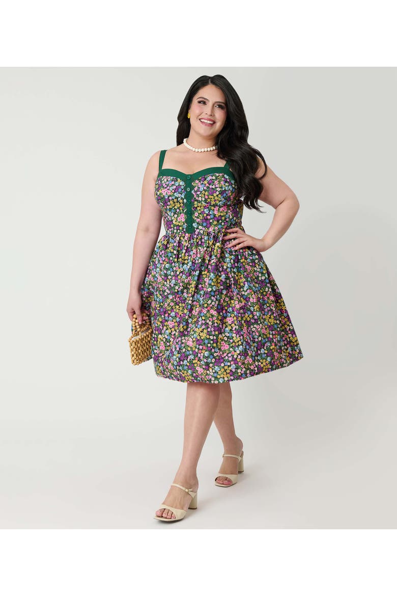 Plus Size 1950s Sleeveless Swing Dress, Alternate, color, Green Ditzy Floral Print