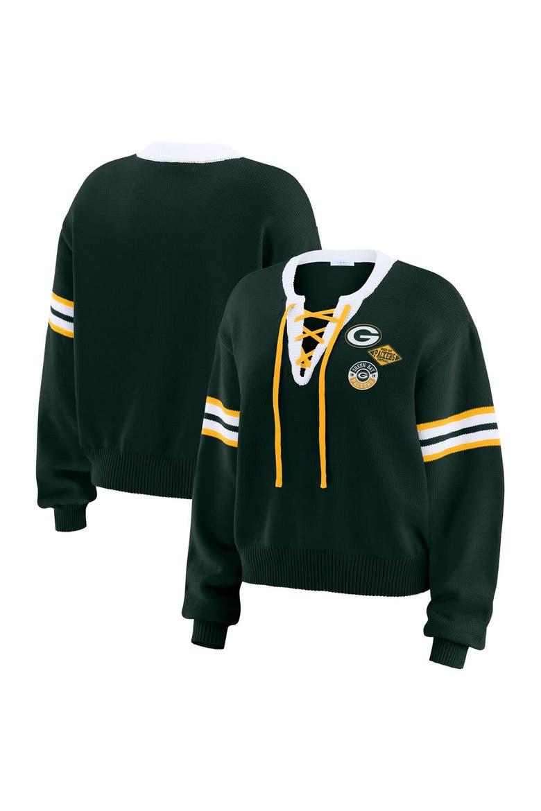 Women's WEAR by Erin Andrews Green Green Bay Packers Lace-Up Pullover Sweatshirt, Main, color, Green