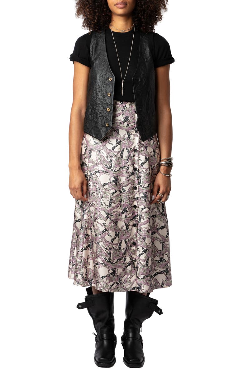 Zadig & Voltaire Wild Chains Side Button Silk Midi Skirt, Alternate, color, 