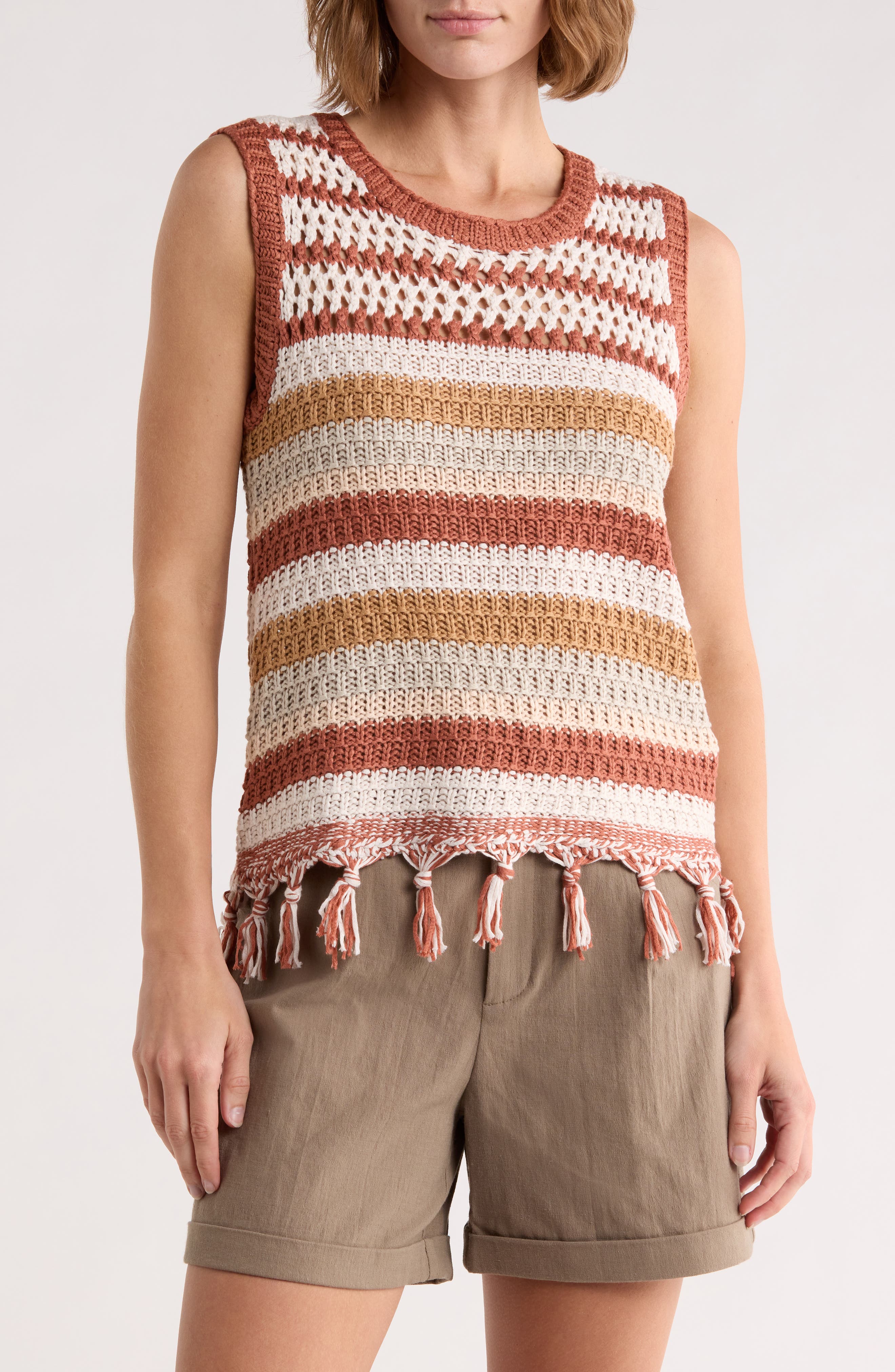 DR2 by Daniel Rainn Stripe Tassel Trim Crop Sweater Tank