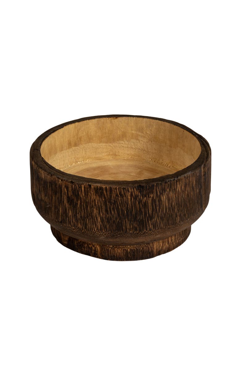 Storied Home Round Paulownia Wood Decorative Bowl, Marbled Brown Finish, Main, color, Black