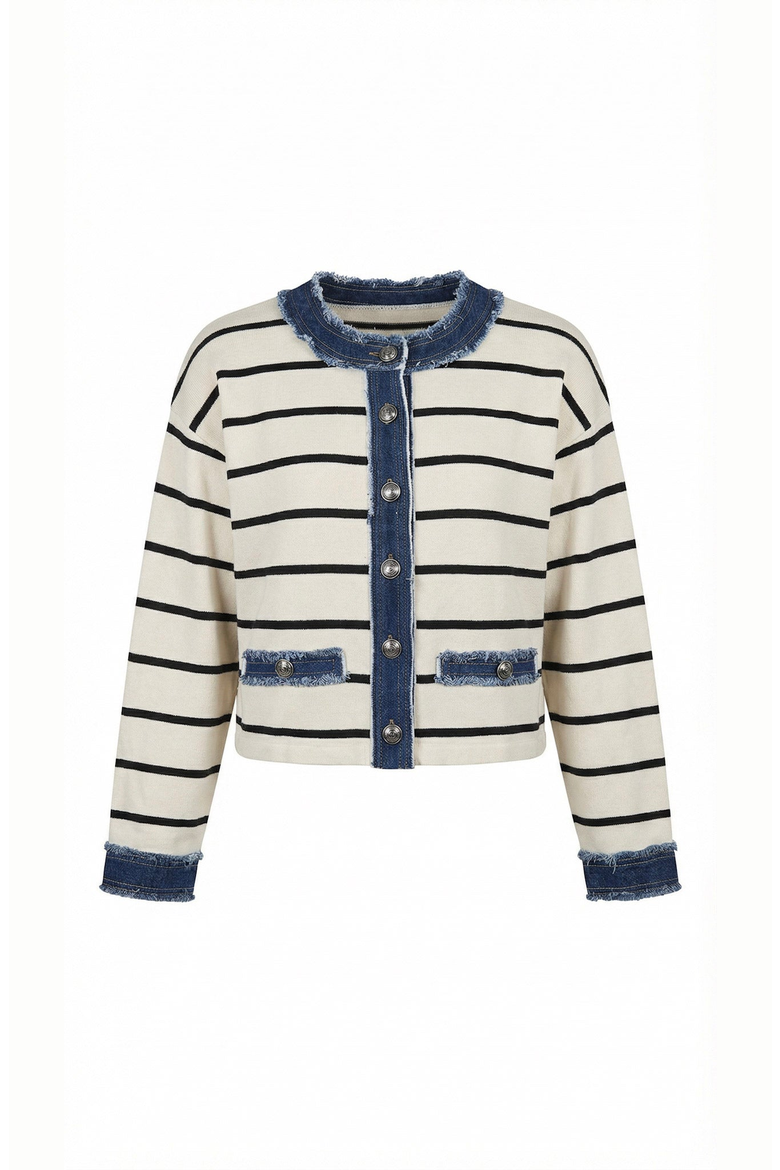 Striped Knit Denim Trim Cardigan, Alternate, color, Cream / Navy Blue