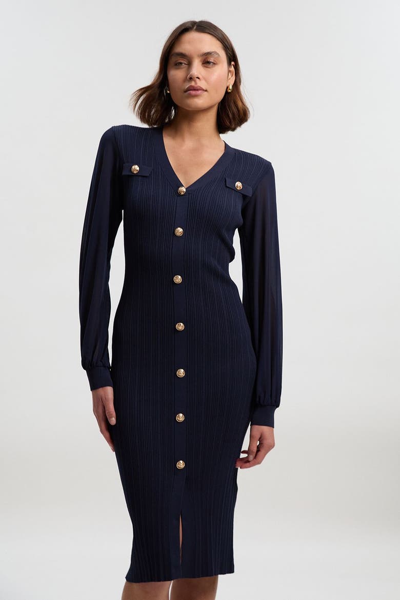 V-Neck Sleeveless Rib Knit Midi Dress, Main, color, Navy