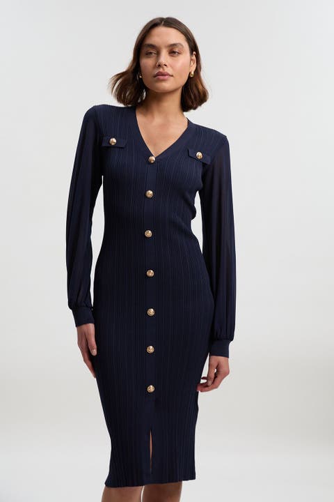 V-Neck Sleeveless Rib Knit Midi Dress