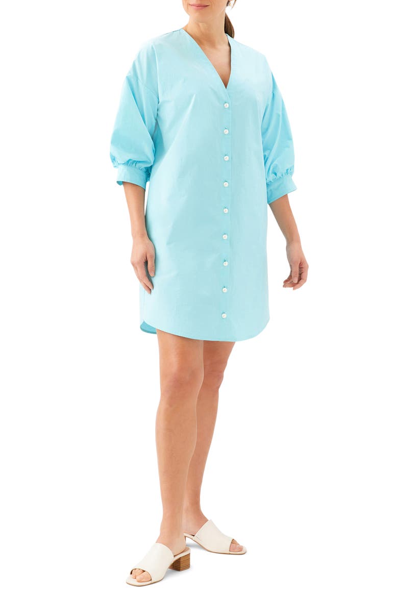 Puff Sleeve Pearly Button Dress, Main, color, AQUA