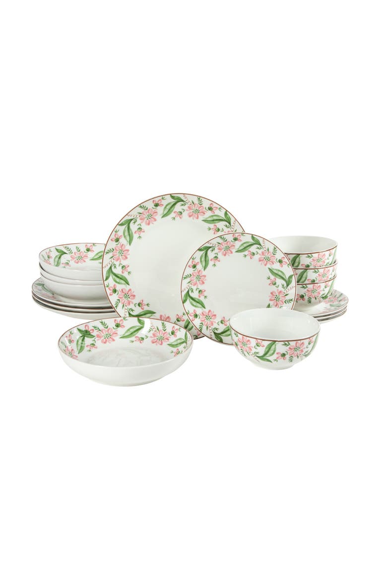16 Piece Decorated Ceramic Dinnerware Set, Main, color, Pink/Green